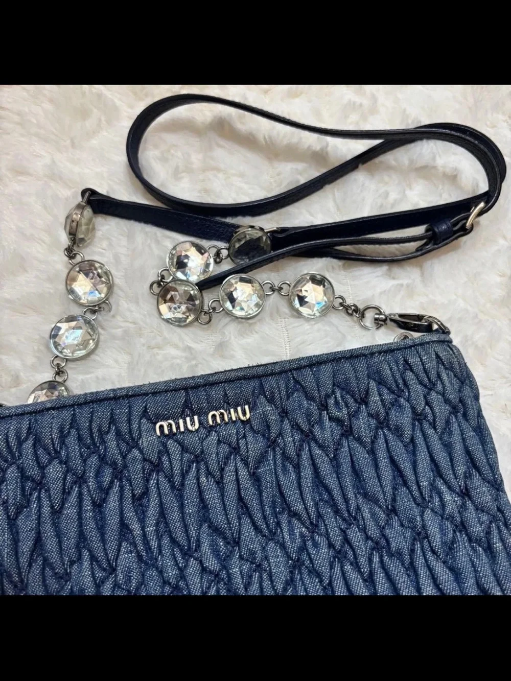 Miu Miu Navy Quilted Denim Crossbody with Crystal Accent